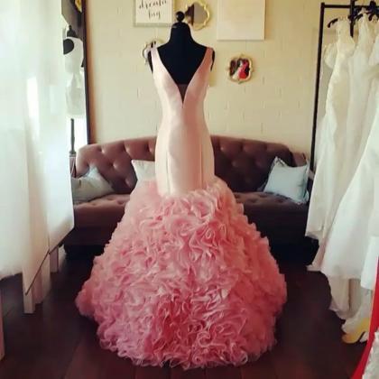 Blush Pink V Neck Organza Ruffles Mermaid Prom..