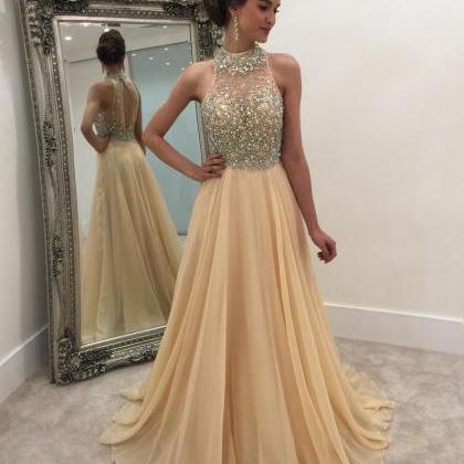 Crystal Beaded Halter Illusion Back Long Champagne..