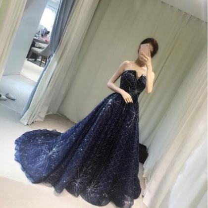 Strapless Long Navy Blue Sequins Beaded Ball Gowns..