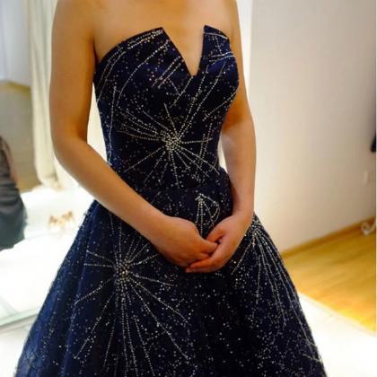 Strapless Long Navy Blue Sequins Beaded Ball Gowns..