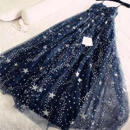 Sparkly Sequins Beaded Long Navy Blue Prom Dresses..