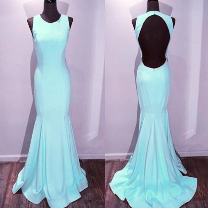Light Blue Satin Backless Mermaid Prom Dresses..