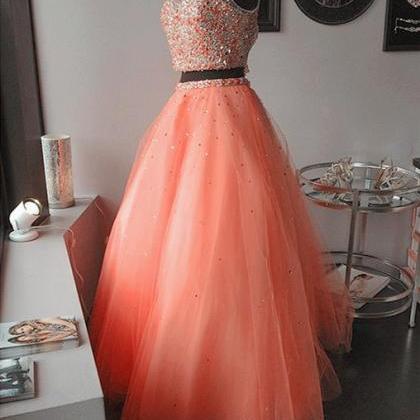 Coral Beaded Embellished Two-piece Formal Dress..