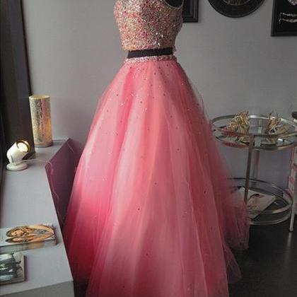 Coral Beaded Embellished Two-piece Formal Dress..