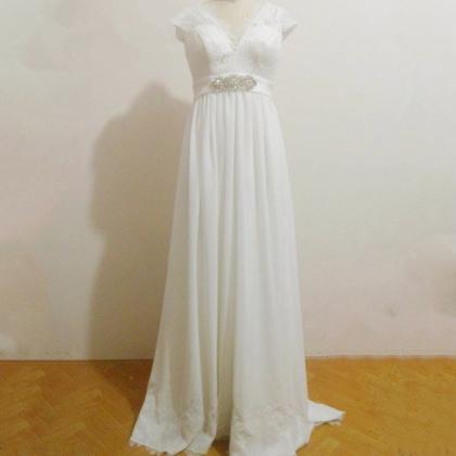 Double Bow Back Lace Cap Sleeves White Chiffon..