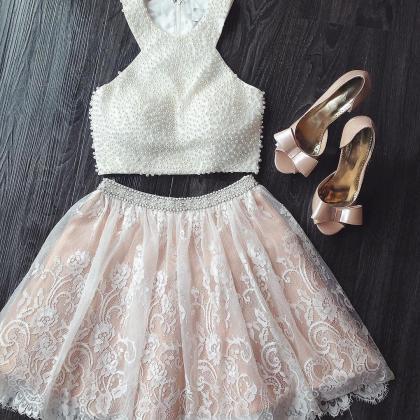 Chic Pearl Beaded Lace Dresses,white Homecoming..