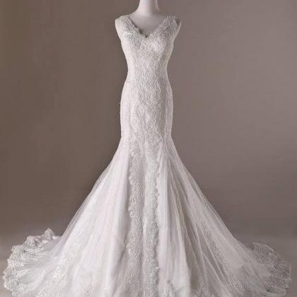 White Lace Tulle Mermaid Wedding Dress Featuring..