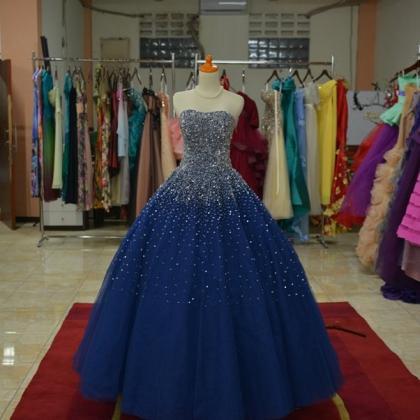 Sparkly Beaded Sweetheart Navy Blue Ball Gowns..