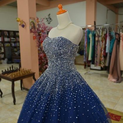 Sparkly Beaded Sweetheart Navy Blue Ball Gowns..