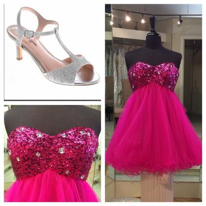 Pink Sequins Beaded Sweetheart Prom Dresses Short..