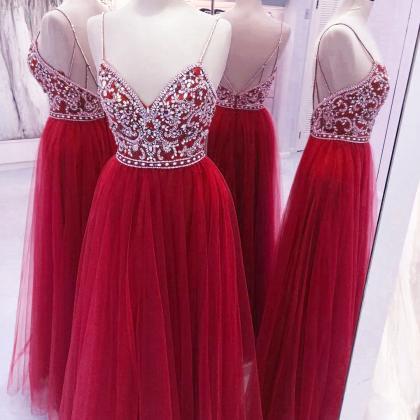Fully Crystal Beaded Top V Neck Long Prom Dresses..
