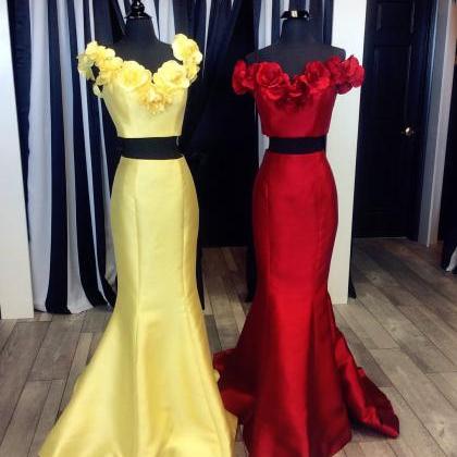 Two Piece Prom Dresses,satin Prom Gowns,flower..