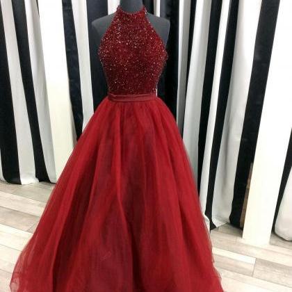 Sparkly Beaded Halter Long Organza Ball Gowns Prom..