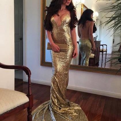 Gold Prom Dresses,sequin Evening Gowns,open Back..
