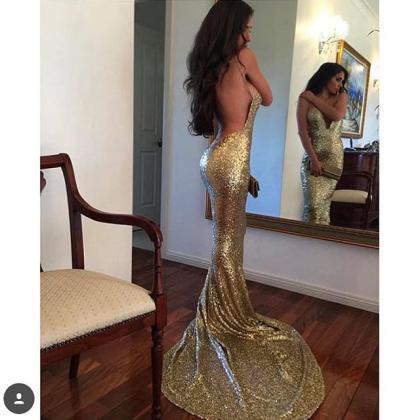 Gold Prom Dresses,sequin Evening Gowns,open Back..
