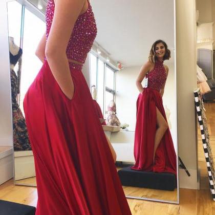 Halter Prom Gowns,crystal Beaded Prom Dress,satin..
