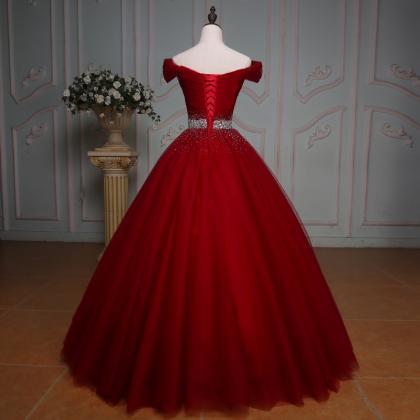 Off The Shoulder Crystal Beaded Sashes Red Tulle..