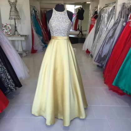 Long Gold Satin Beading Ball Gowns Prom Dresses..