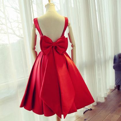 Red Satin Bow Back Party Dresses,short Homecoming..