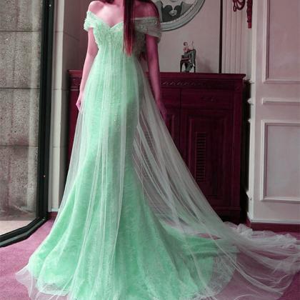 Mint Tulle Lace Off The Shoulder Mermaid Evening..