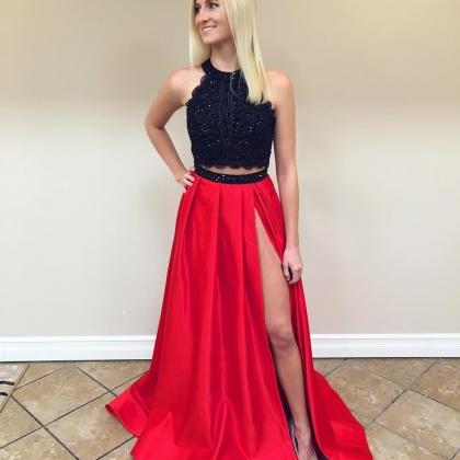 Black Lace Crop To Red Satin Two Piece Prom..