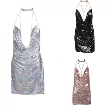 Plunging Halter Sequin Short Party ..