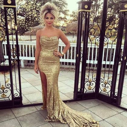 Sexy Ruched Sweetheart Long Gold Sequins Prom..