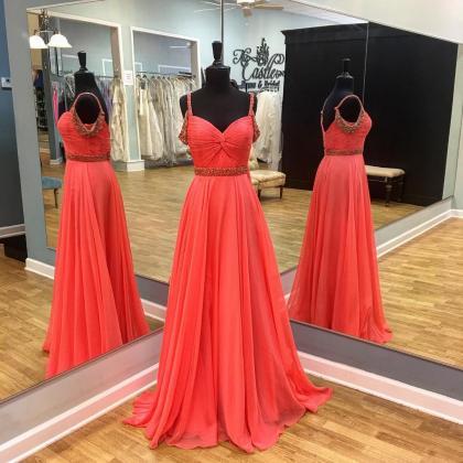 Beaded Straps Long Chiffon Coral Prom Dresses 2017..