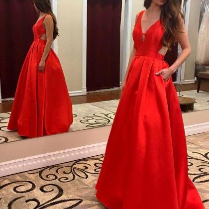Red Satin Long Prom Dresses With Pocket 2017