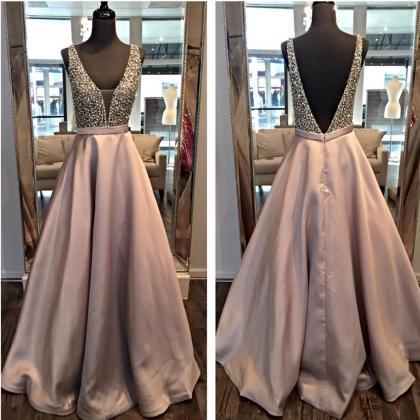 Pearl And Beaded V Neck Long Satin Prom Dresses..