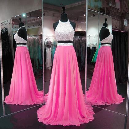Pink Prom Dresses,chiffon Prom Gowns,two Piece..