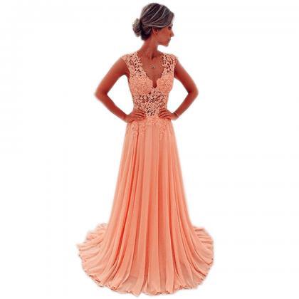 Coral Pink Prom Dresses,v Neck Prom Gowns,chiffon..