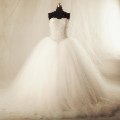 Real Image Pearl Sweetheart Tulle Wedding Dresses..