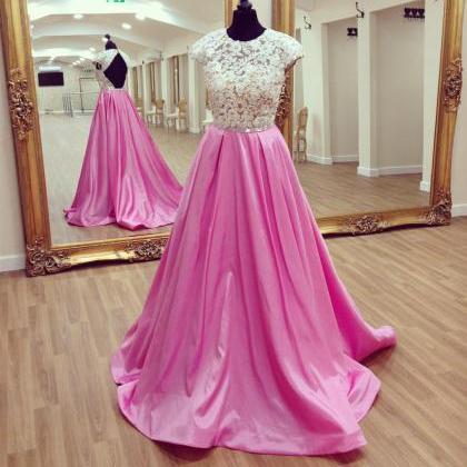 Pink Satin Long Ball Gowns Prom Dresses Lace..
