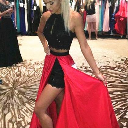 Black Lace Crop Top Red Satin Prom Dresses Two..