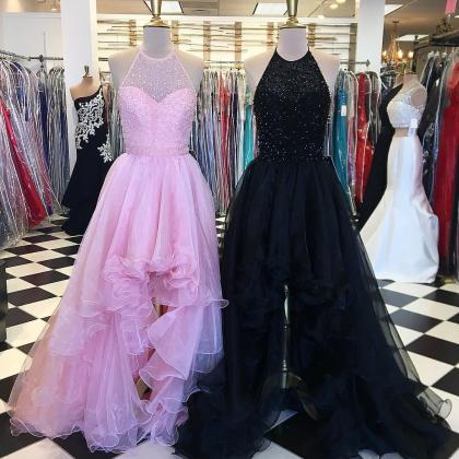 High Low Prom Dress,beaded Prom Gowns,pink Prom..