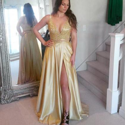 Gold Prom Dress,two Piece Prom Dress,slit Prom..
