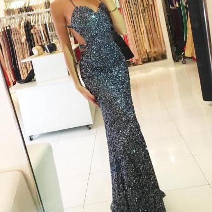 Grey Sequins Mermaid Dress,backless Prom..