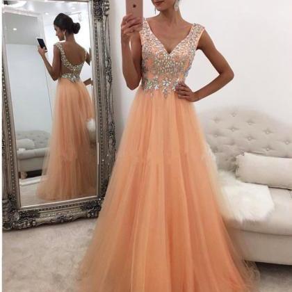 Coral Prom Dress, V Neck Prom Dress,sexy Party..