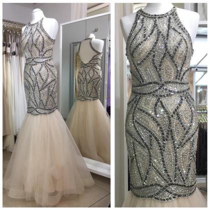 Fully Crystal Beaded Tulle Champagne Mermaid Prom..