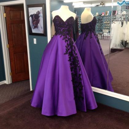 Purple Ball Gowns,black Lace Appliques..