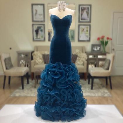 Mermaid Prom Dress,navy Blue Evening Gowns,ruffles..