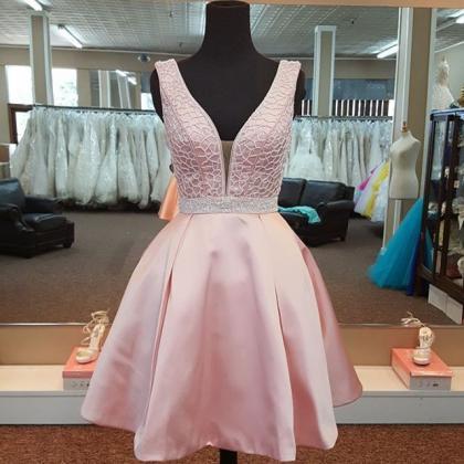 Blush Pink Homecoming Dresses, V Neck Dress,short..