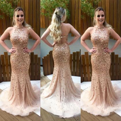 Crystal Prom Dress,halter Prom Dress,champagne..