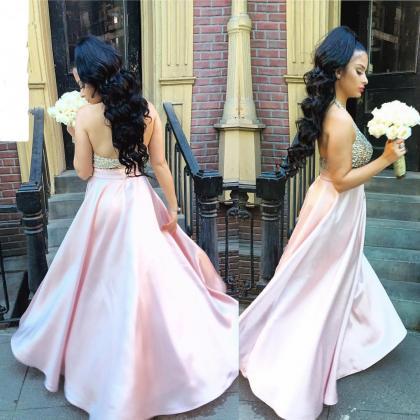 Blush Pink Prom Dress,satin Evening Dress,halter..