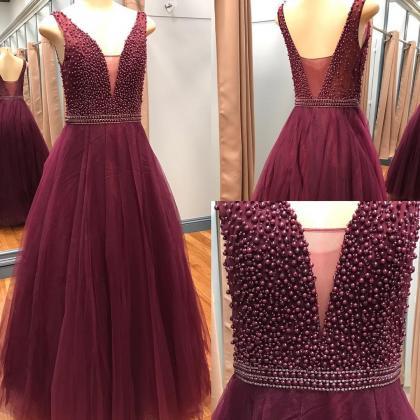 Burgundy Evening Dress,tulle Prom Dress,pearl..