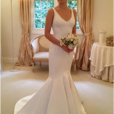 Simple Mermaid V Neck Wedding Dresses 2016 Satin Bridal Gowns