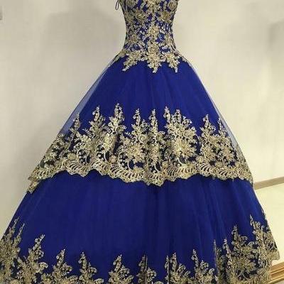 royal blue ball gowns prom dress sweetheart neckline with gold lace appliques