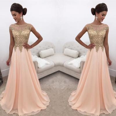 Modest Prom Dresses,Charming Evening Gowns,Pink Evening Dress,Chiffon Prom Dress,Elegant Lace Appliques Formal Dress