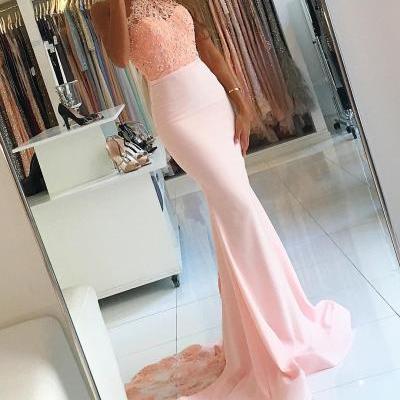 Halter Prom Dresses,Backless Dress,Sexy Mermaid Dress,Mermaid Evening Dress,Elegant Prom Gowns Lace Appliques